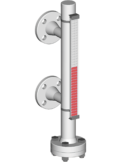 Visual magnetic bypass level indicator with side process connections and bottom service connection
