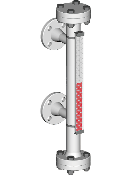 Visual magnetic bypass level indicator with side process connections, top drain- and bottom service connection